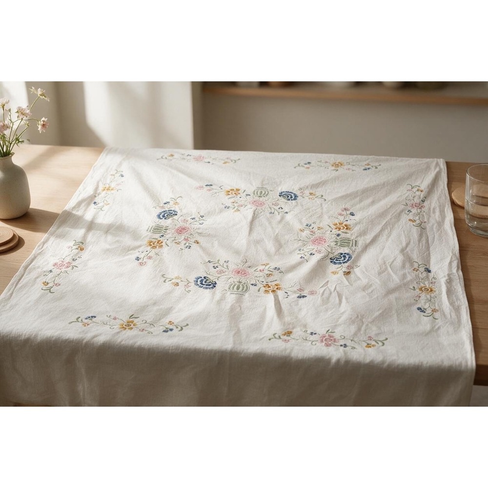 Vintage Floral Urn Hand Embroidered Tablecloth Cream 49x45 Cottagecore Decor